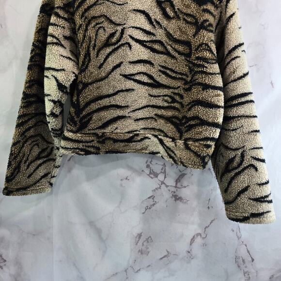 Vintage Y2K Jacket Womens Small Tan Zebra Sherpa Teddy Fuzzy Crop Coat Mob 90s - Picture 7 of 11